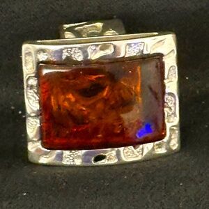 925 Sterling Silver Baltic Amber ring rectangular stone w/textured border & band